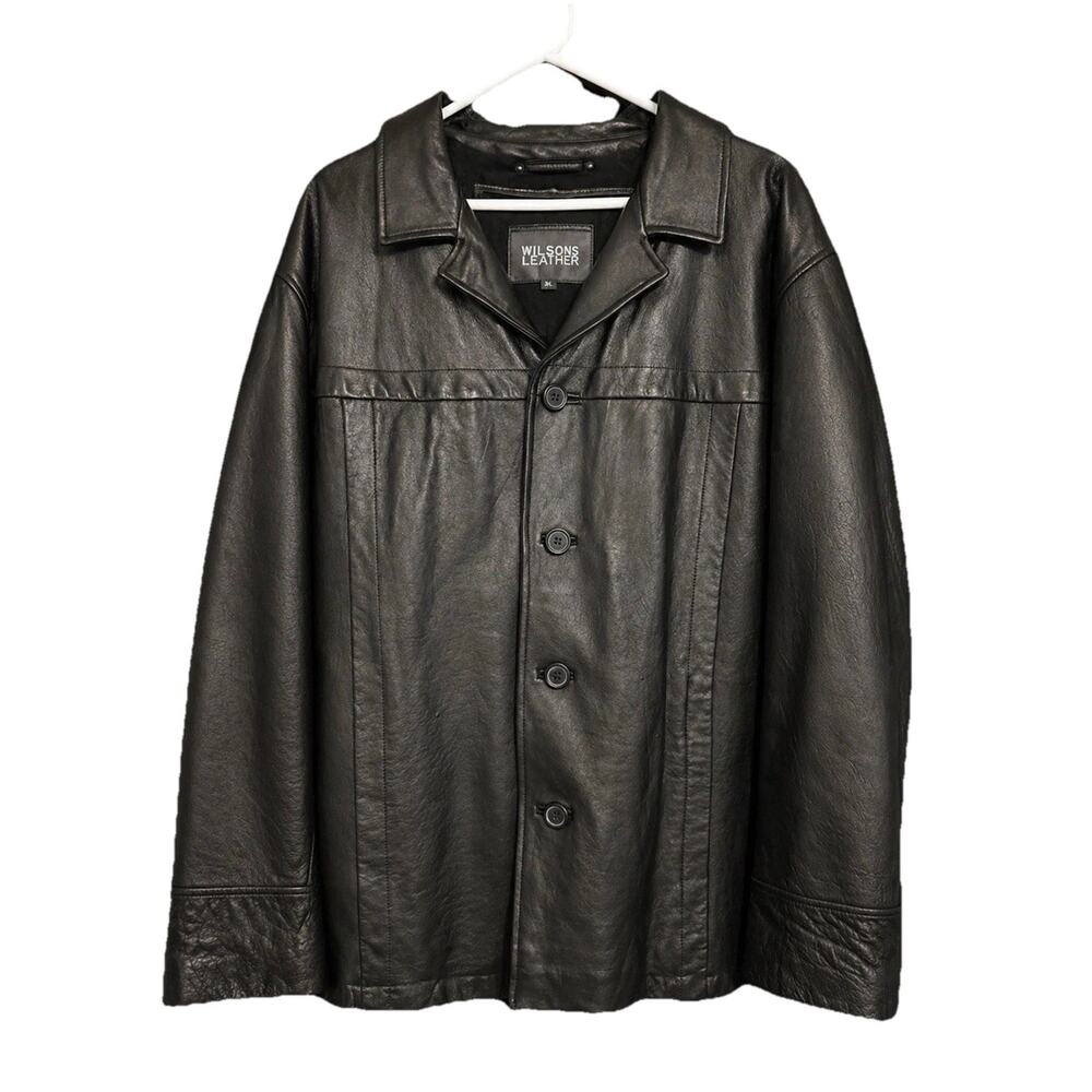 Wilsons‎ Leather Jacket Mens XL Black Button Front Car Coat Lined